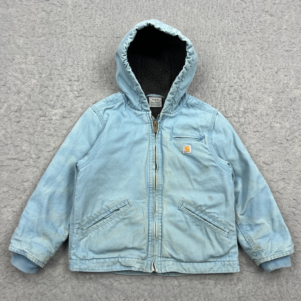 Carhartt Jacket Youth XS 6 Blue Sherpa Lined Canvas Zip Up Hooded Work Coat